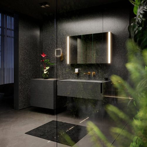 KEUCO EDITION 11 ART: The ambience with the smoke washbasin and basalt ceramic bathroom furniture exudes tranquillity and relaxation, while a touch of mysticism characterises the room. Perfect for luxurious relaxation.